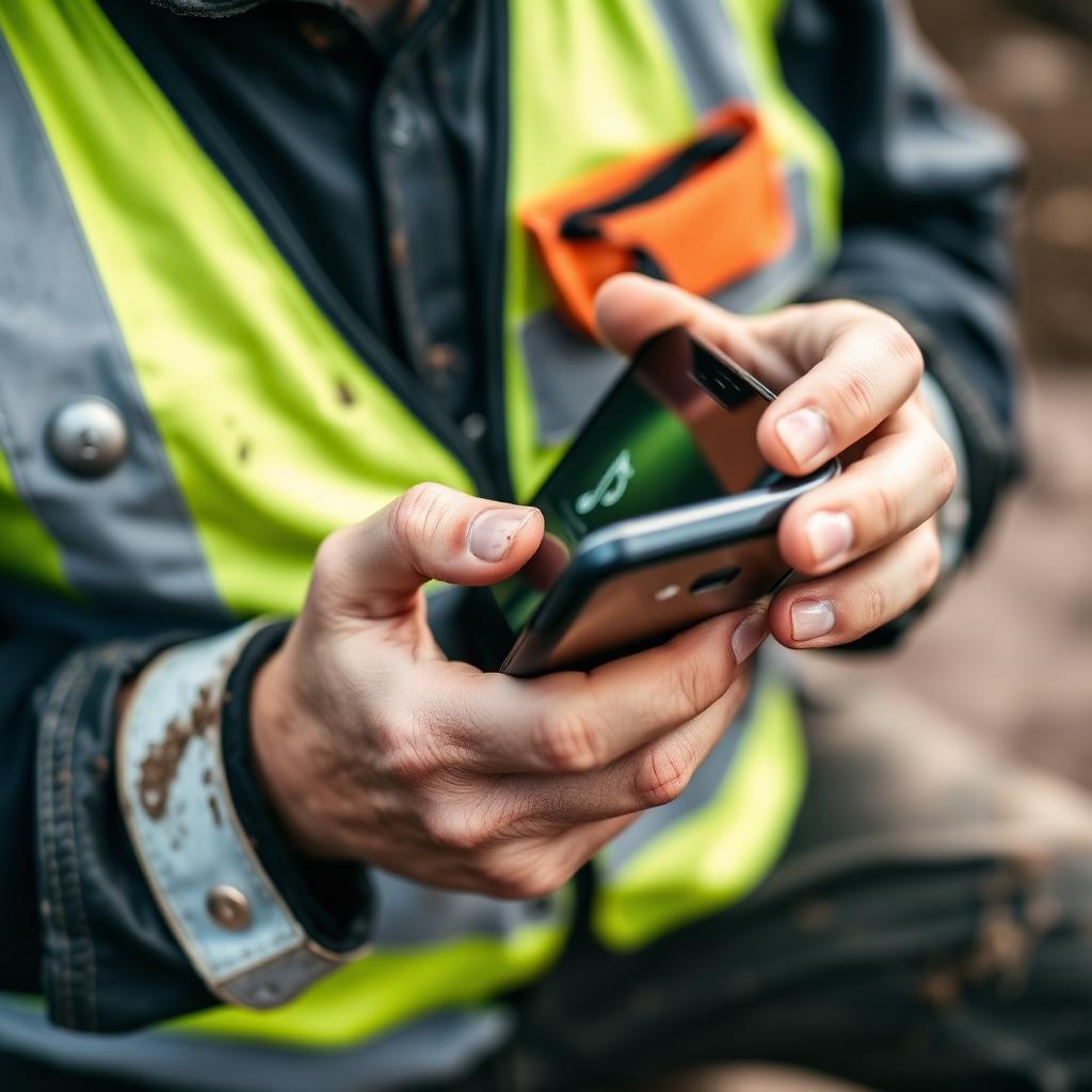 Handen van een bouwvakker in fluohesje scrollen op smartphone